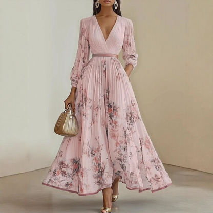 Elegant Floral Maxi Dress with Long Sleeves & Adjustable Tie for Effortless Style