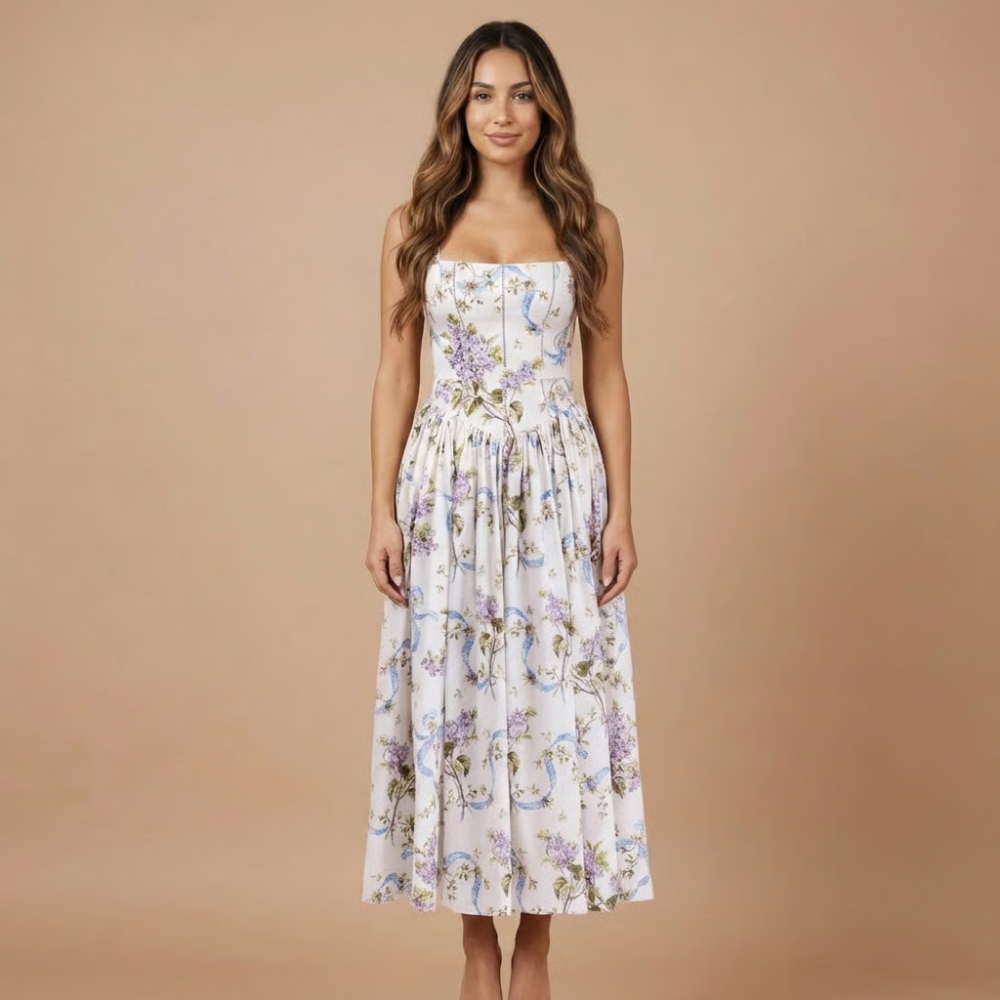 Elegant Floral Midi Dress | Women's Dress with Corset Bodice for Effortless Elegance