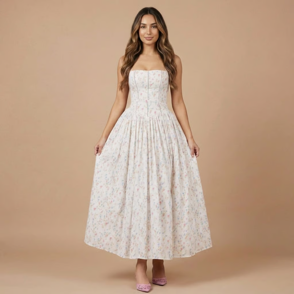 Elegant Floral Midi Dress | Women's Dress with Corset Bodice for Effortless Elegance