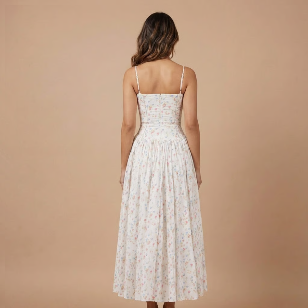 Elegant Floral Midi Dress | Women's Dress with Corset Bodice for Effortless Elegance