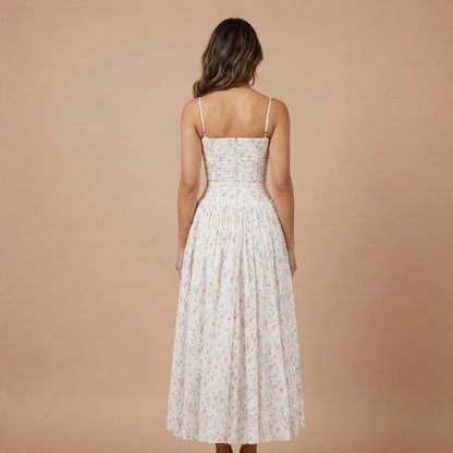 Elegant Floral Midi Dress | Women's Dress with Corset Bodice for Effortless Elegance