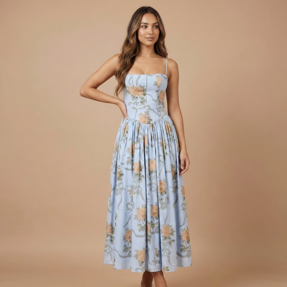Elegant Floral Midi Dress | Women's Dress with Corset Bodice for Effortless Elegance