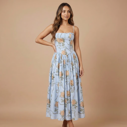 Elegant Floral Midi Dress | Women's Dress with Corset Bodice for Effortless Elegance