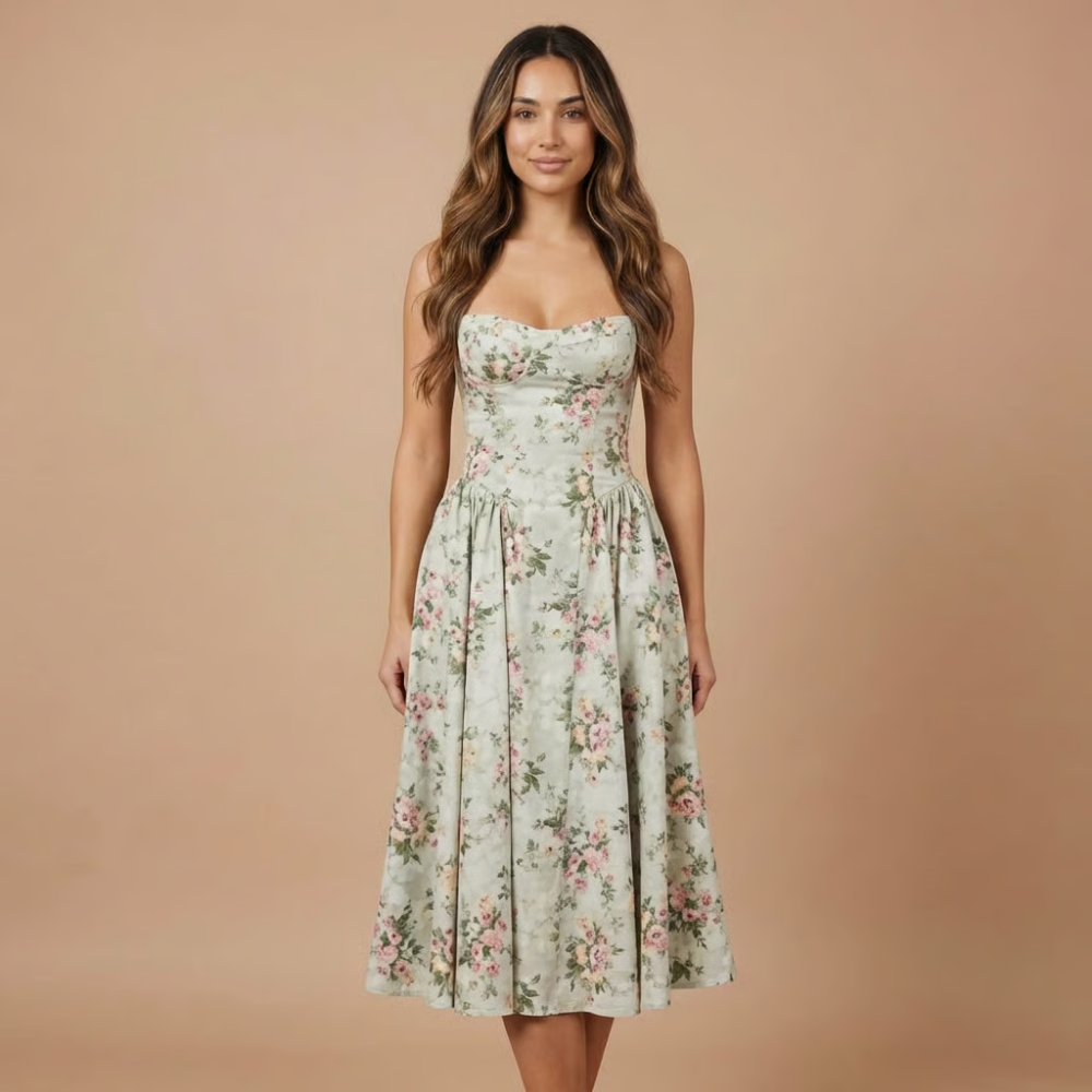Elegant Floral Midi Dress | Women's Dress with Corset Bodice for Effortless Elegance