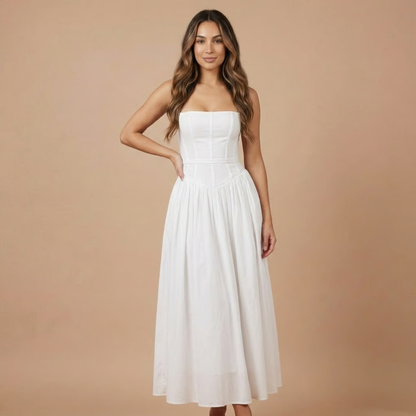 Elegant Floral Midi Dress | Women's Dress with Corset Bodice for Effortless Elegance