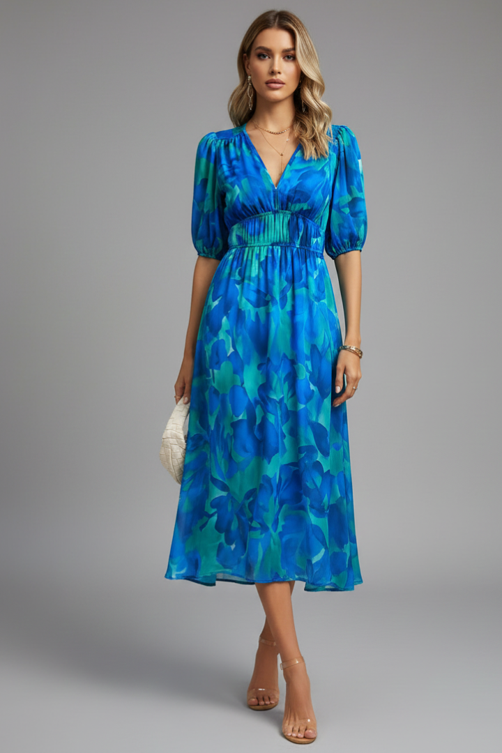 Elegant Floral Midi Dress | Women's Dress with Puff Sleeves & V-Neckline for Wedding Guests