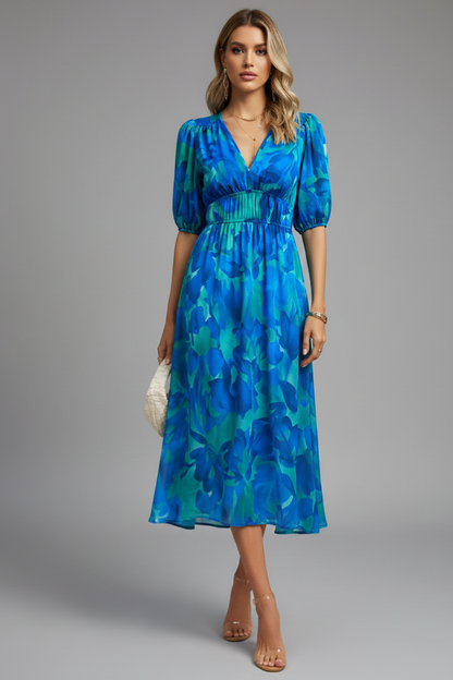 Elegant Floral Midi Dress | Women's Dress with Puff Sleeves & V-Neckline for Wedding Guests