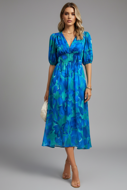 Elegant Floral Midi Dress | Women's Dress with Puff Sleeves & V-Neckline for Wedding Guests