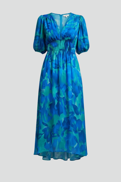 Elegant Floral Midi Dress | Women's Dress with Puff Sleeves & V-Neckline for Wedding Guests