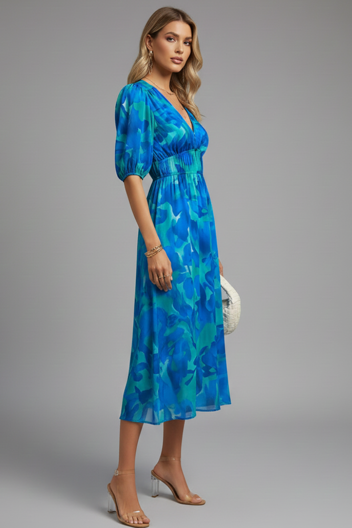 Elegant Floral Midi Dress | Women's Dress with Puff Sleeves & V-Neckline for Wedding Guests