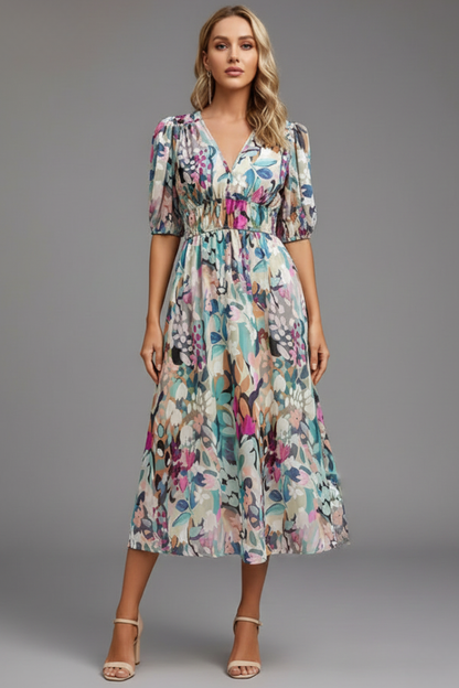 Elegant Floral Midi Dress | Women's Dress with Puff Sleeves & V-Neckline for Wedding Guests