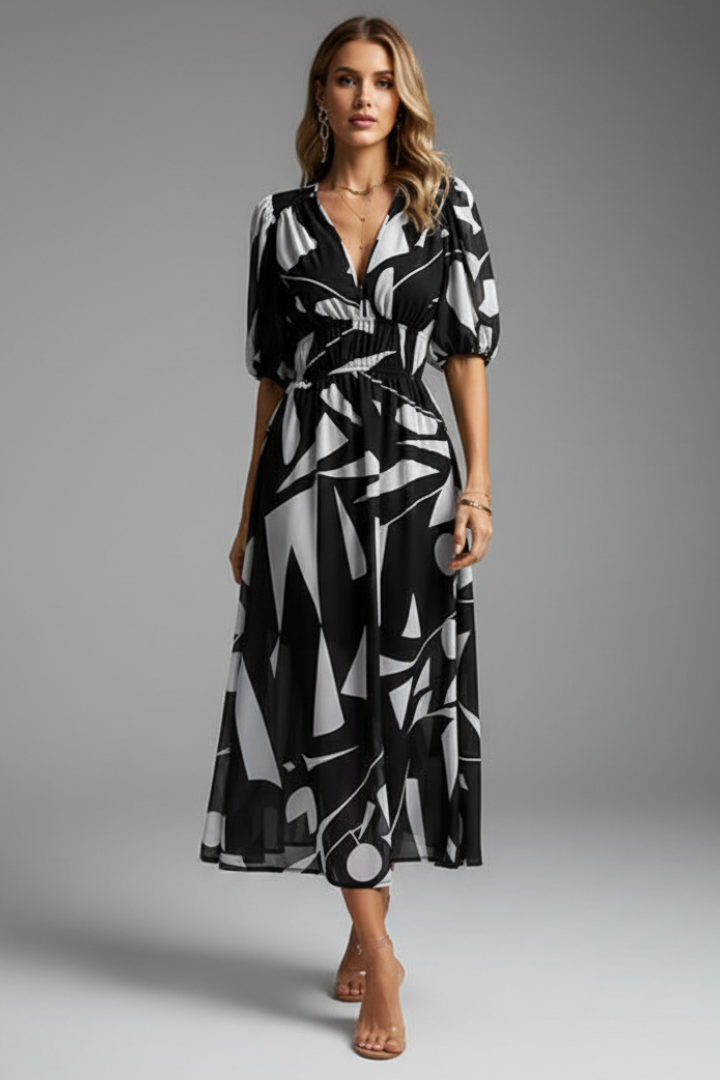 Elegant Floral Midi Dress | Women's Dress with Puff Sleeves & V-Neckline for Wedding Guests