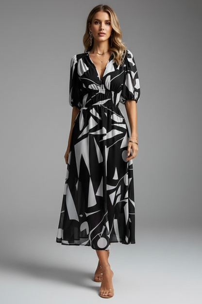 Elegant Floral Midi Dress | Women's Dress with Puff Sleeves & V-Neckline for Wedding Guests