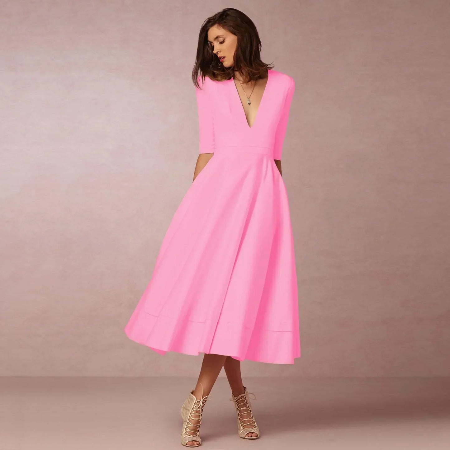 Elegant Flowing Midi Dress | Women's Dress with Deep V Neckline | Lightweight Fabric for Effortless Summer Style