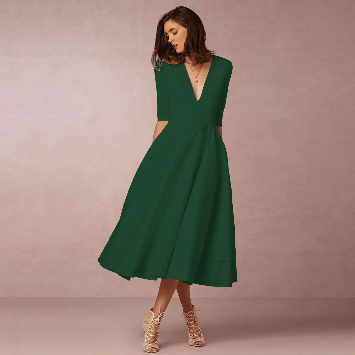 Elegant Flowing Midi Dress | Women's Dress with Deep V Neckline | Lightweight Fabric for Effortless Summer Style