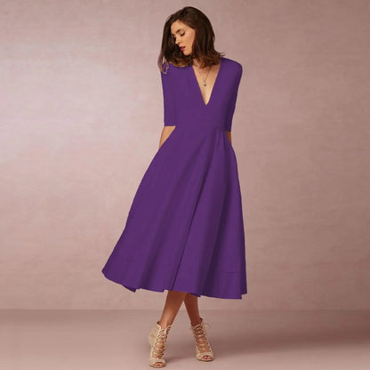 Elegant Flowing Midi Dress | Women's Dress with Deep V Neckline | Lightweight Fabric for Effortless Summer Style