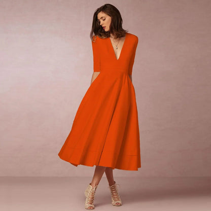 Elegant Flowing Midi Dress | Women's Dress with Deep V Neckline | Lightweight Fabric for Effortless Summer Style