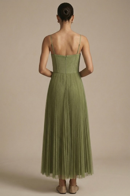 Elegant Green Midi Dress | Women's Dress with Sculpted Bodice & Flowing Skirt | Perfect for Wedding Guests and Formal Events