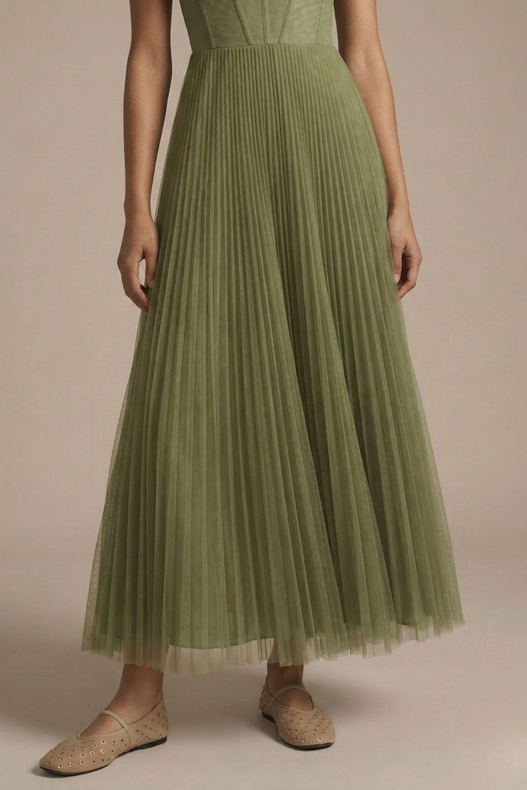 Elegant Green Midi Dress | Women's Dress with Sculpted Bodice & Flowing Skirt | Perfect for Wedding Guests and Formal Events