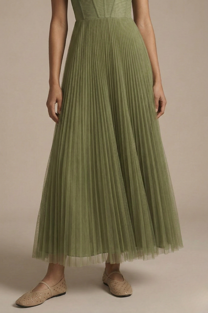 Elegant Green Midi Dress | Women's Dress with Sculpted Bodice & Flowing Skirt | Perfect for Wedding Guests and Formal Events