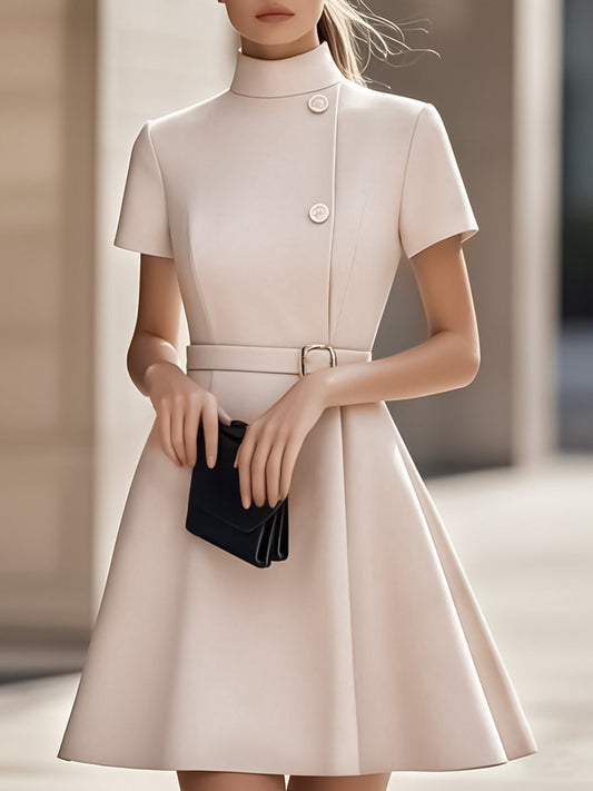 Elegant High-Neck Women's Dress with Belted Waist | Timeless Midi Style for Effortless Elegance
