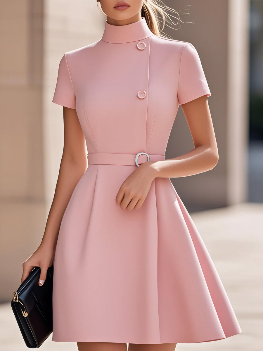 Elegant High-Neck Women's Dress with Belted Waist | Timeless Midi Style for Effortless Elegance