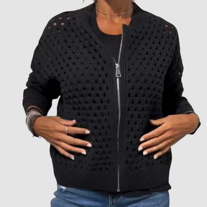 Elegant Knit Cardigan Sweater with Zip-Front Design | Openwork Pattern for Effortless Layering