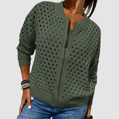 Elegant Knit Cardigan Sweater with Zip-Front Design | Openwork Pattern for Effortless Layering