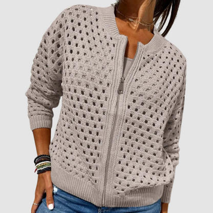 Elegant Knit Cardigan Sweater with Zip-Front Design | Openwork Pattern for Effortless Layering
