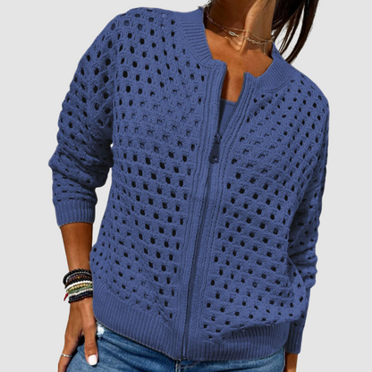Elegant Knit Cardigan Sweater with Zip-Front Design | Openwork Pattern for Effortless Layering