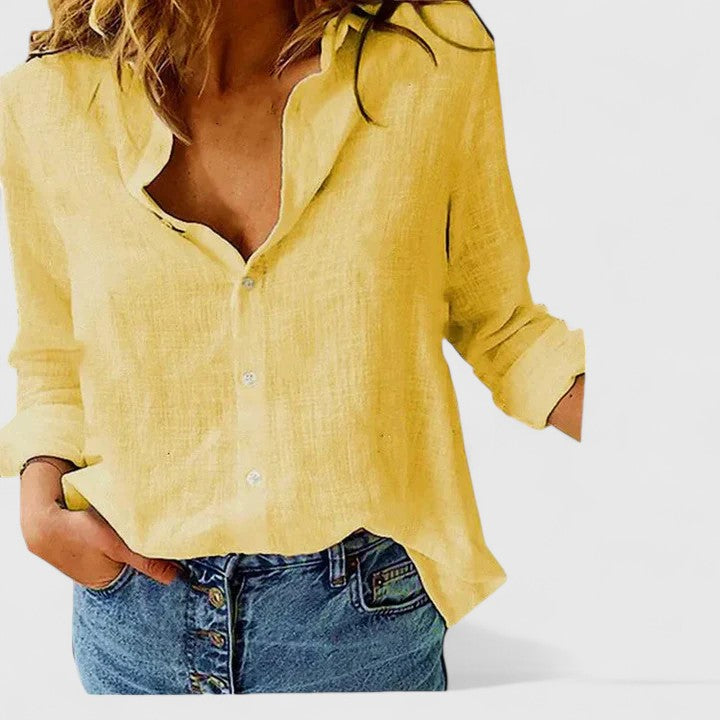 Elegant Linen | Women's Blouse with V Neck & Button Front | Versatile Summer Top for Effortless Style
