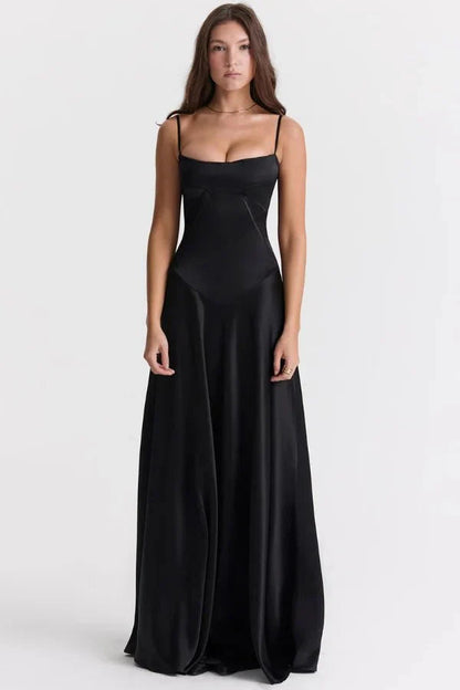 Elegant Maxi Dress | Women's Satin Square Neck Design with Corset Bodice | Perfect for Formal Events
