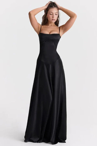Elegant Maxi Dress | Women's Satin Square Neck Design with Corset Bodice | Perfect for Formal Events