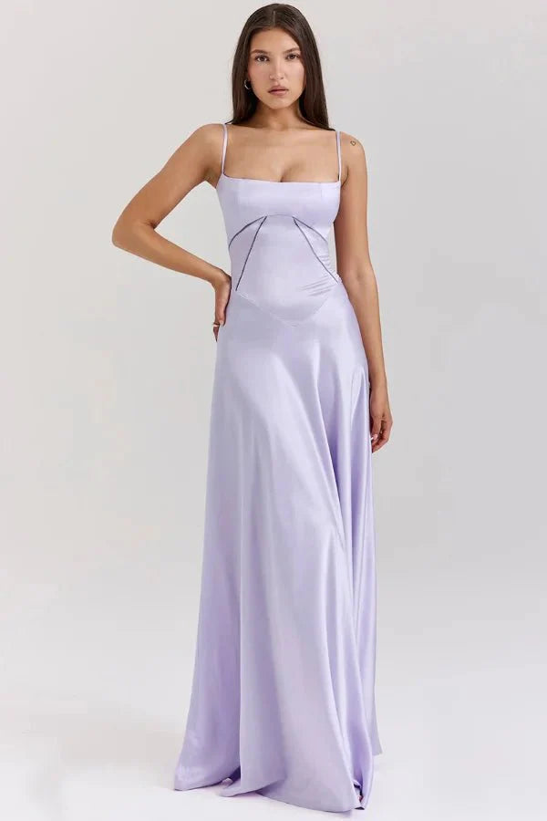 Elegant Maxi Dress | Women's Satin Square Neck Design with Corset Bodice | Perfect for Formal Events