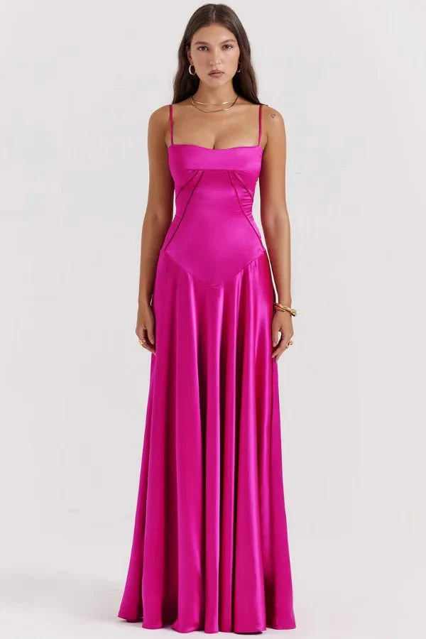 Elegant Maxi Dress | Women's Satin Square Neck Design with Corset Bodice | Perfect for Formal Events
