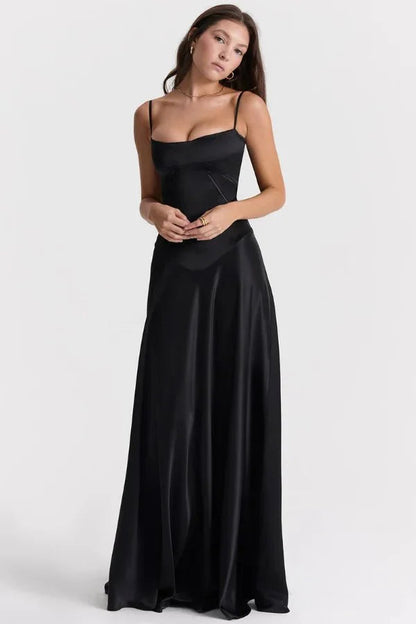 Elegant Maxi Dress | Women's Satin Square Neck Design with Corset Bodice | Perfect for Formal Events