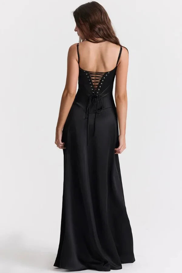 Elegant Maxi Dress | Women's Satin Square Neck Design with Corset Bodice | Perfect for Formal Events