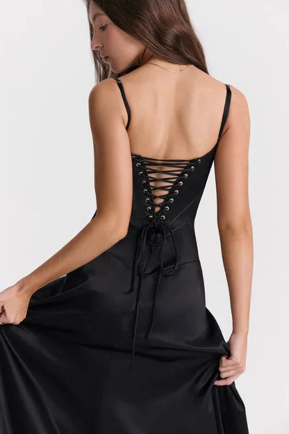 Elegant Maxi Dress | Women's Satin Square Neck Design with Corset Bodice | Perfect for Formal Events