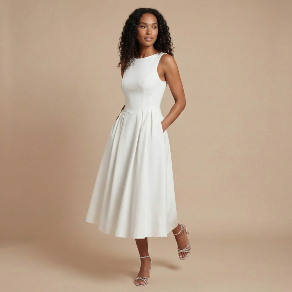 Elegant Midi Dress | Women's Cocktail Dress with Sleeveless Boat Neck Design | Flattering A-Line Skirt for Effortless Style