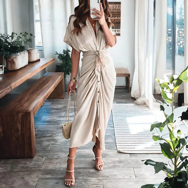 Elegant Midi Dress | Women's Dress with Collared V Neck & Ruched Front | Versatile Style for Any Occasion