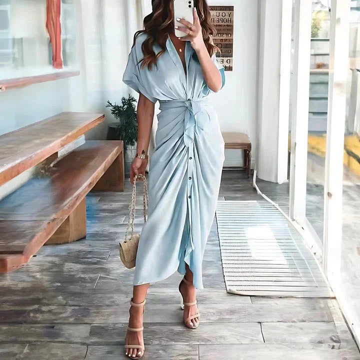Elegant Midi Dress | Women's Dress with Collared V Neck & Ruched Front | Versatile Style for Any Occasion