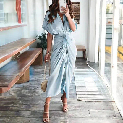 Elegant Midi Dress | Women's Dress with Collared V Neck & Ruched Front | Versatile Style for Any Occasion
