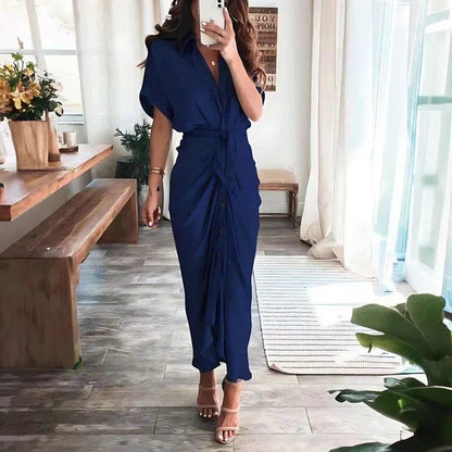Elegant Midi Dress | Women's Dress with Collared V Neck & Ruched Front | Versatile Style for Any Occasion