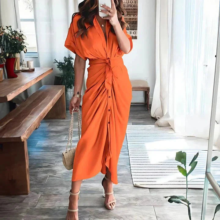 Elegant Midi Dress | Women's Dress with Collared V Neck & Ruched Front | Versatile Style for Any Occasion
