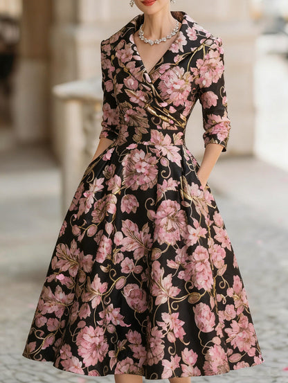 Elegant Midi Dress | Women's Dress with Floral Print & Structured Fit | Perfect for Wedding Guests and Formal Events