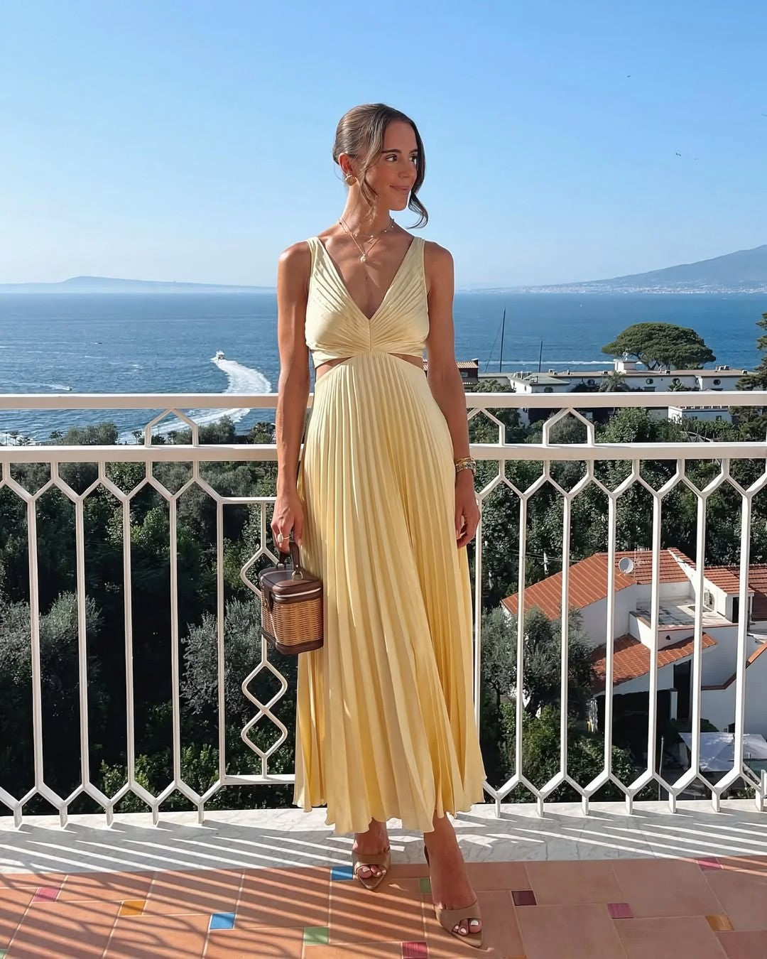 Elegant Midi Dress | Women's Summer Dress with Pleated Cutout Waist | Perfect Wedding Guest Outfit for Effortless Style