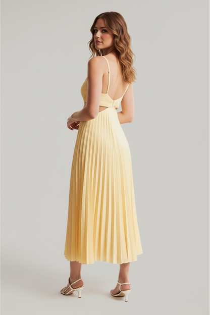 Elegant Midi Dress | Women's Summer Dress with Pleated Cutout Waist | Perfect Wedding Guest Outfit for Effortless Style