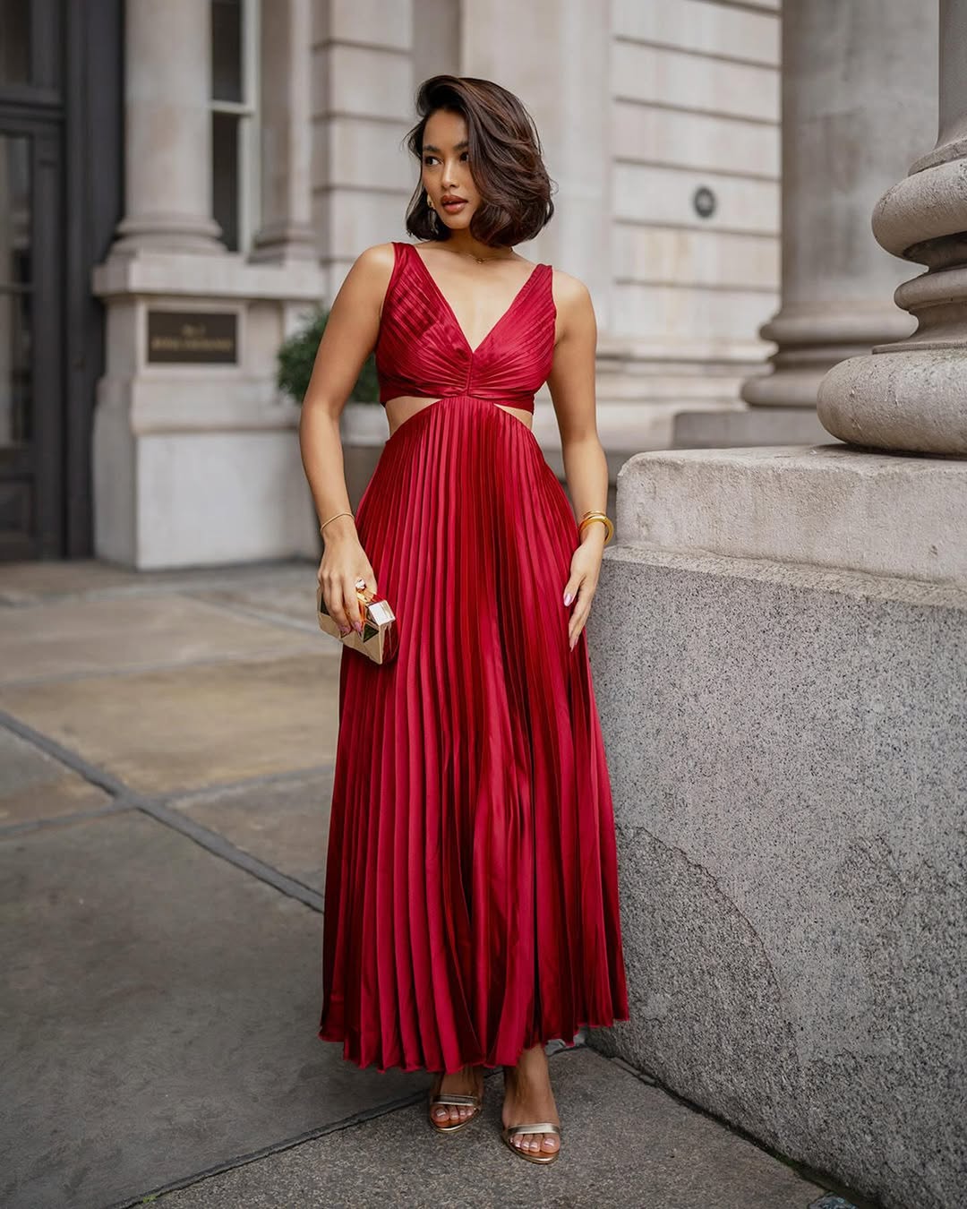 Elegant Midi Dress | Women's Summer Dress with Pleated Cutout Waist | Perfect Wedding Guest Outfit for Effortless Style