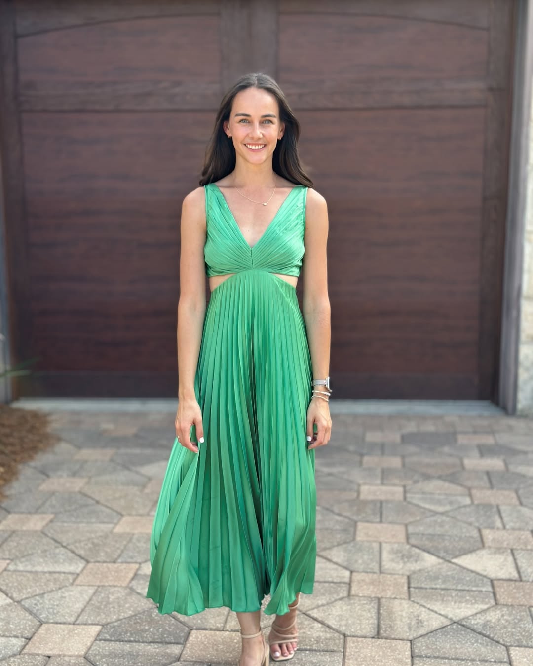 Elegant Midi Dress | Women's Summer Dress with Pleated Cutout Waist | Perfect Wedding Guest Outfit for Effortless Style