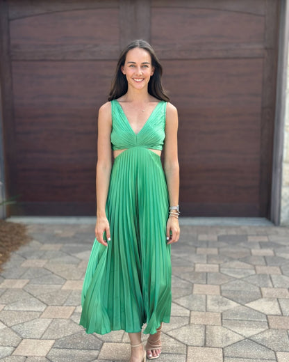Elegant Midi Dress | Women's Summer Dress with Pleated Cutout Waist | Perfect Wedding Guest Outfit for Effortless Style